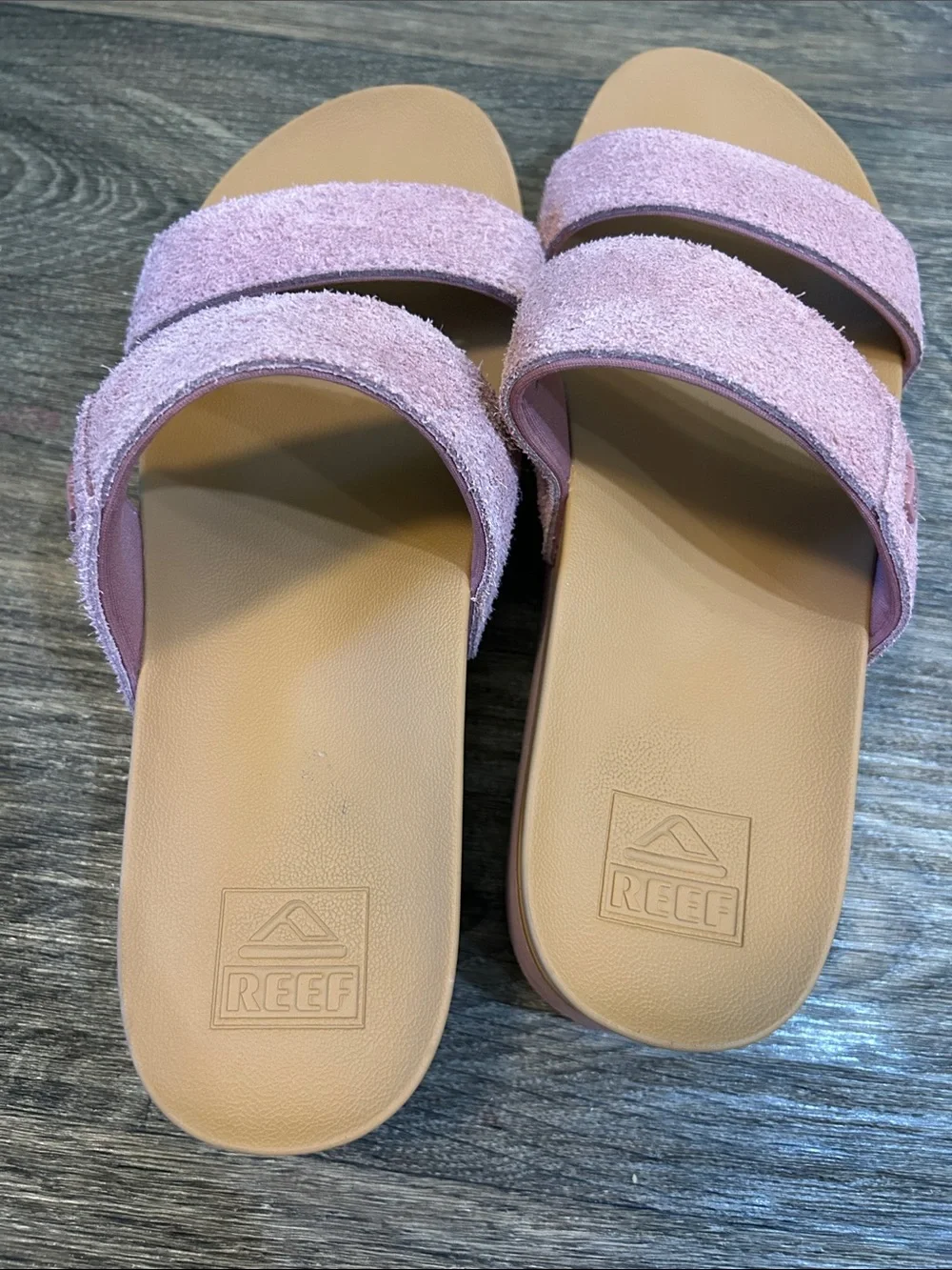 Reef Women’s Suede Double-Strap Slide Sandals in Dusty Pink and Tan